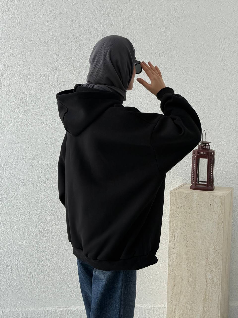 Üç İplik Şardonlu Kapşonlu Oversize Sweat - Siyah