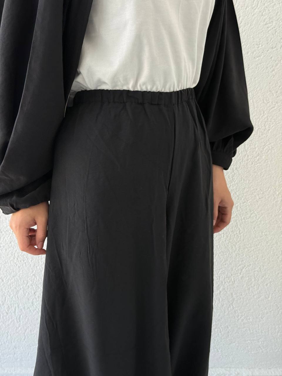 Beli Lastikli Paça Ayarlanabilir Tencel Şalvar Pantolon NM - Siyah
