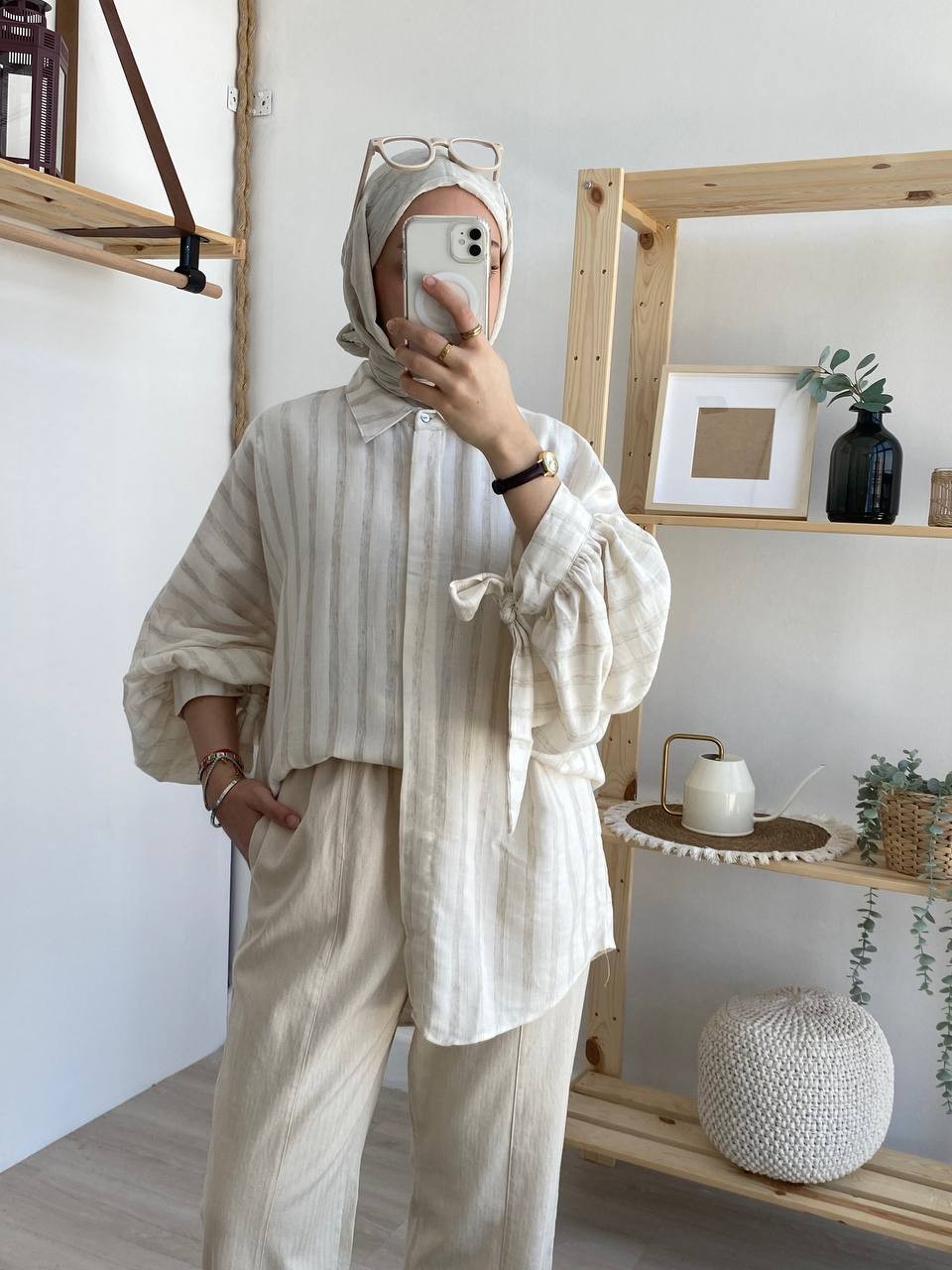 Keten Çizgili Kolları Bağlamalı Gömlek
