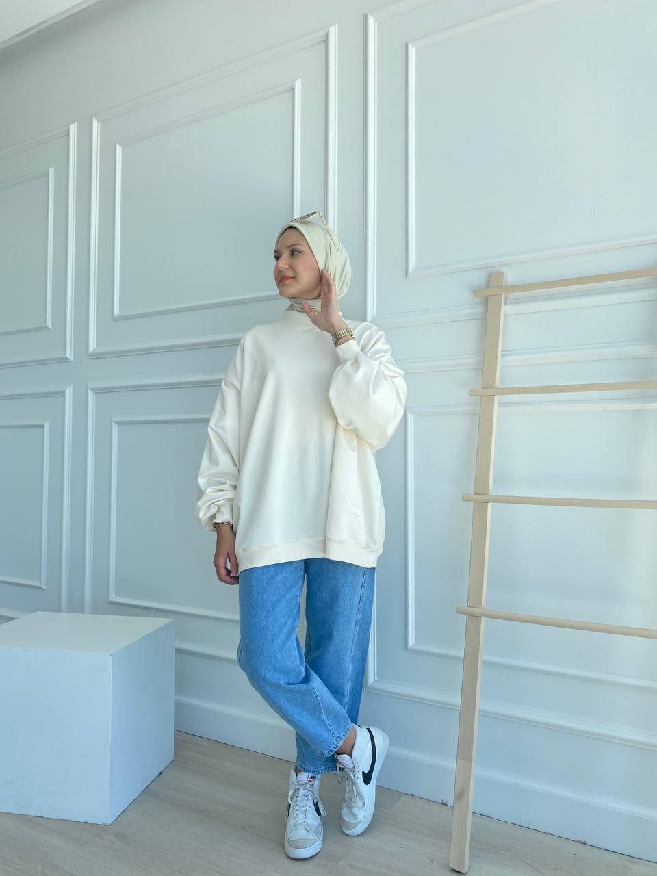 Balon Kol Oversize İki İplik Sweatshirt - Ekru