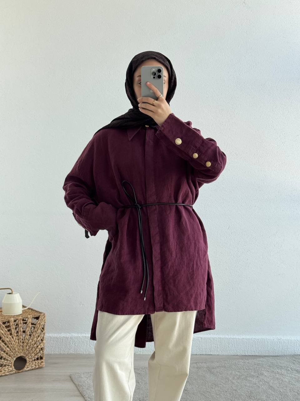 Keten Oversize Uzun Gold Düğmeli Tunik Gömlek