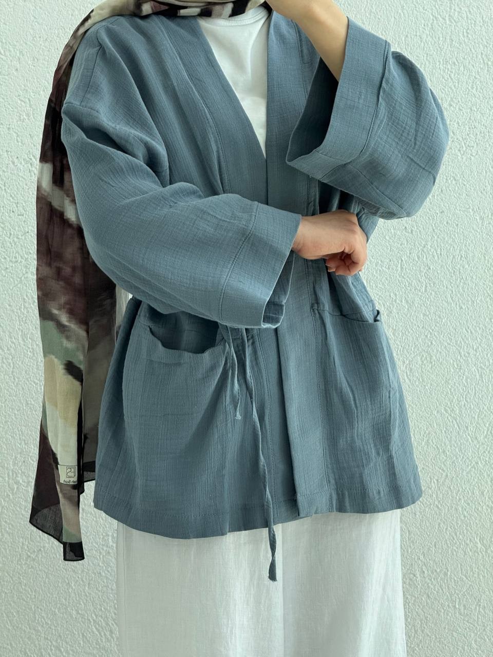 Müslin İki Cepli Kuşaklı Kimono - mavi-gri