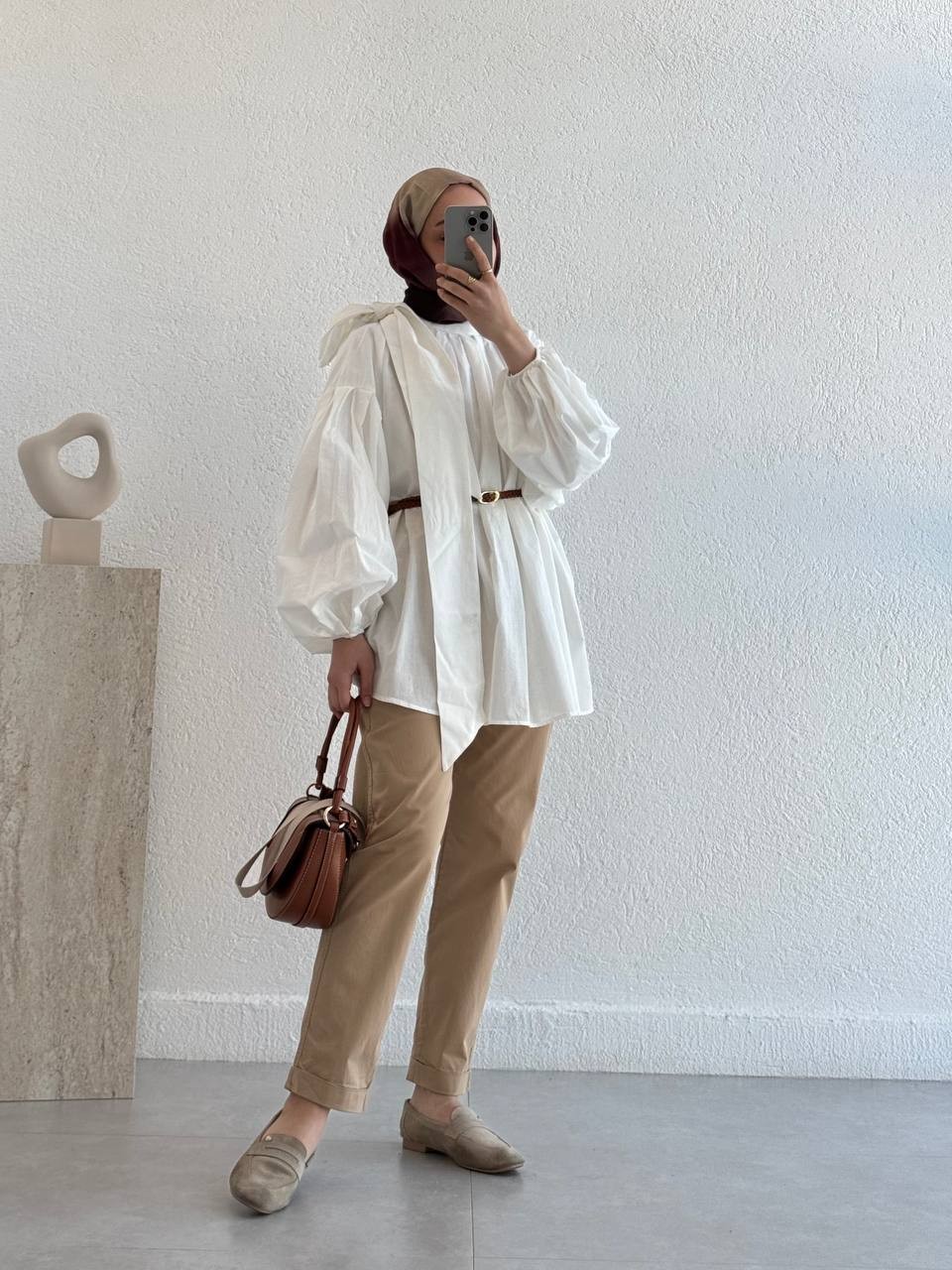 Vual Omuz Detaylı Oversize  Kuşaklı Gömlek 424 - Beyaz