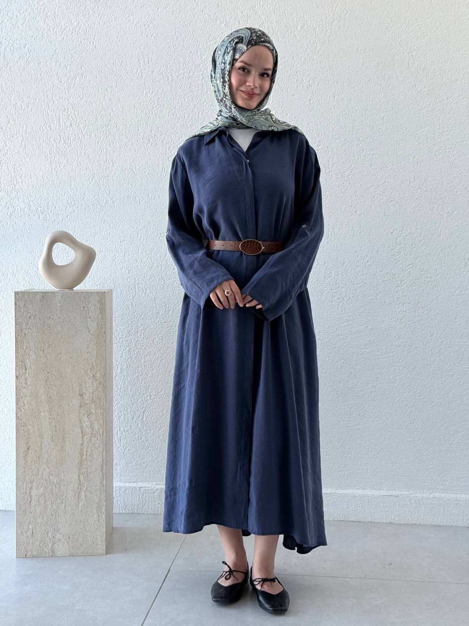 Tencel Önden Düğmeli Kemerli Tunik - Elbise 3270 - Lacivert