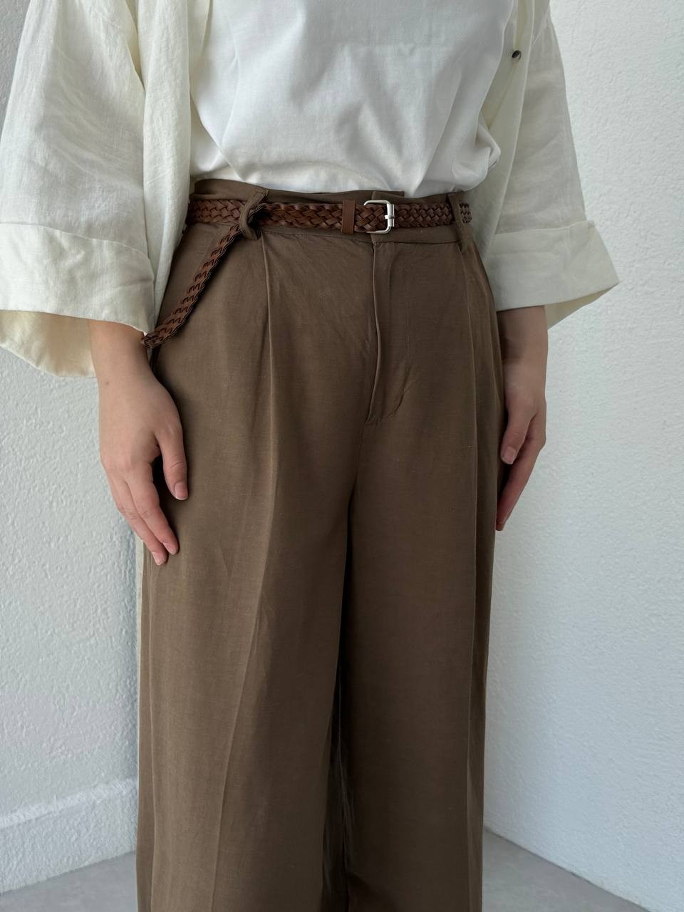 Kemerli Keten Palazzo Pantolon 51150 - Kahve