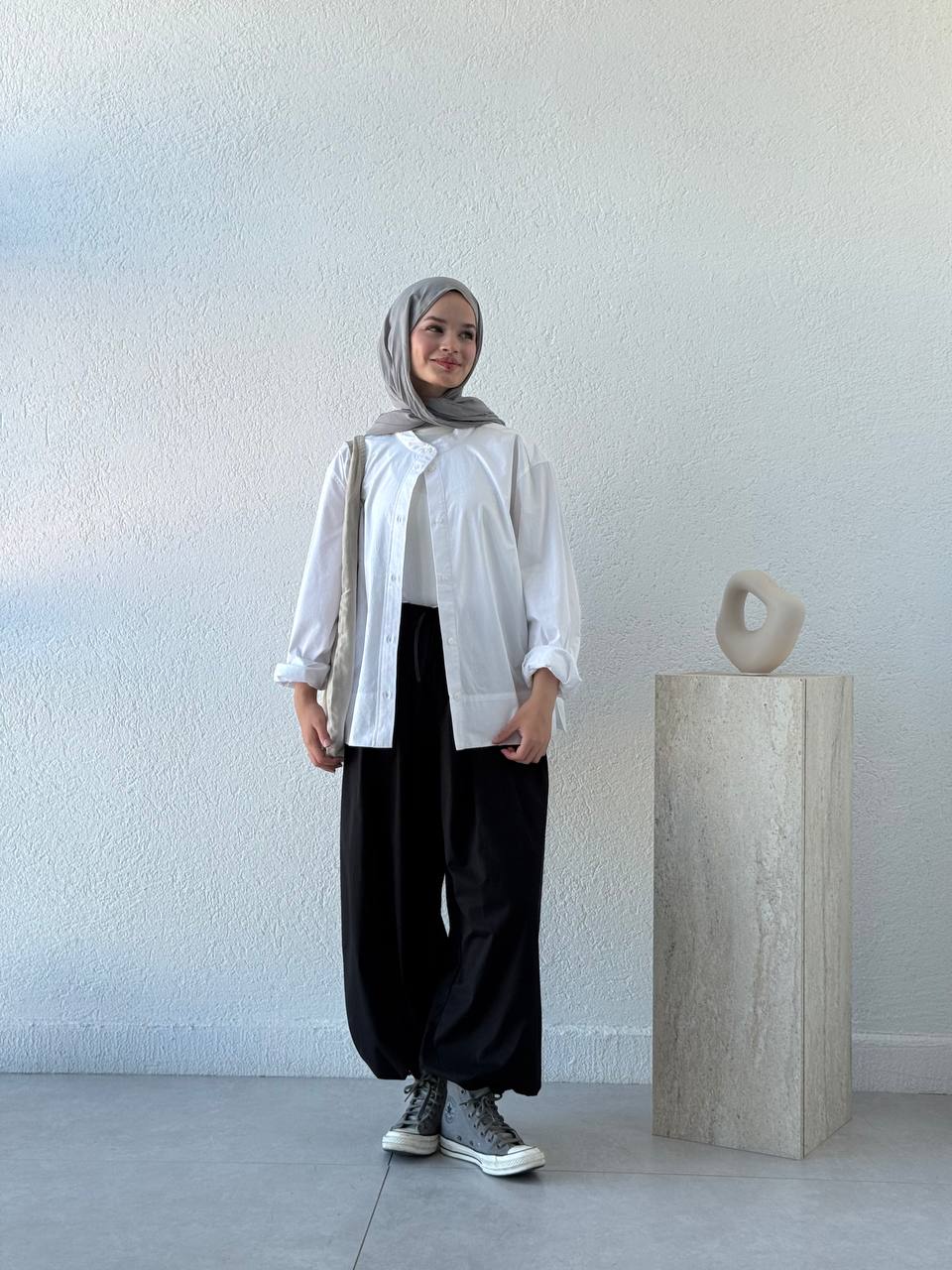 Poplin Kumaş Bel Lastikli Şalvar Pantolon NM - Siyah