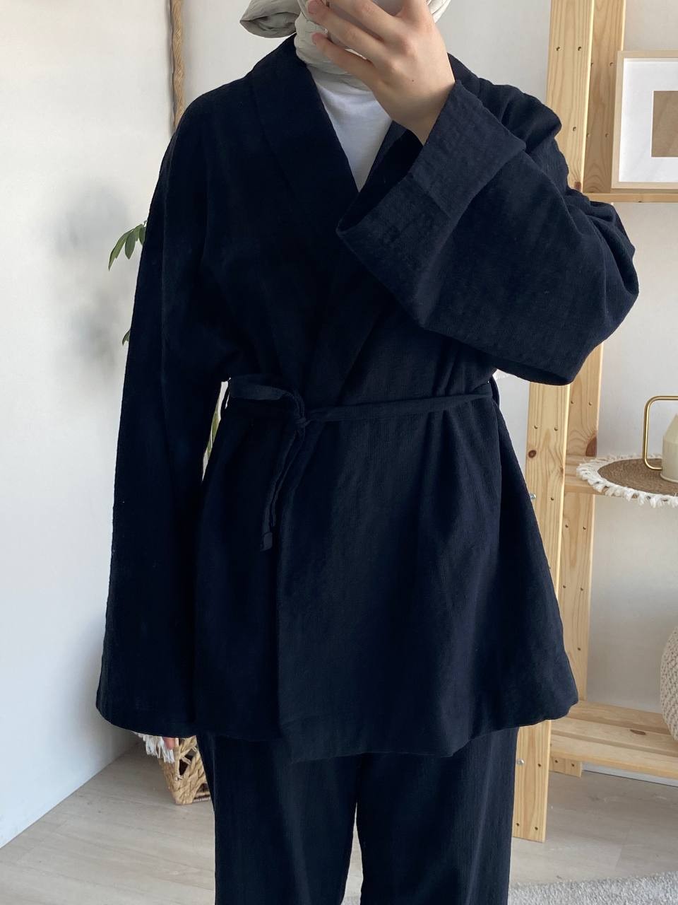Keten Kimono Belden Bağlamalı Takım - Siyah