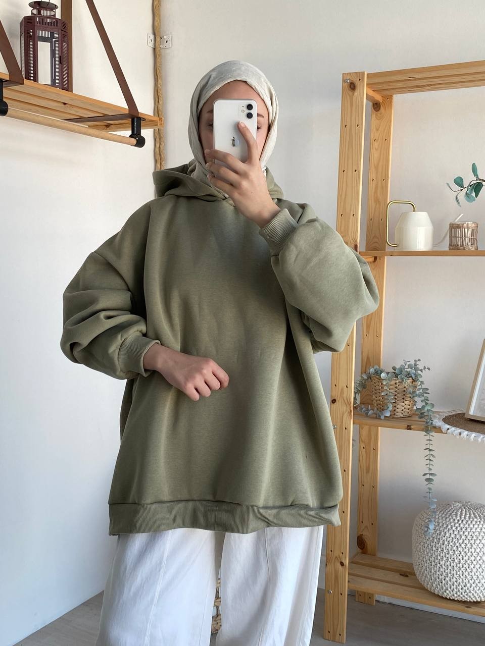 Üç İplik Şardonlu Kapşonlu Oversize Sweat - Mint