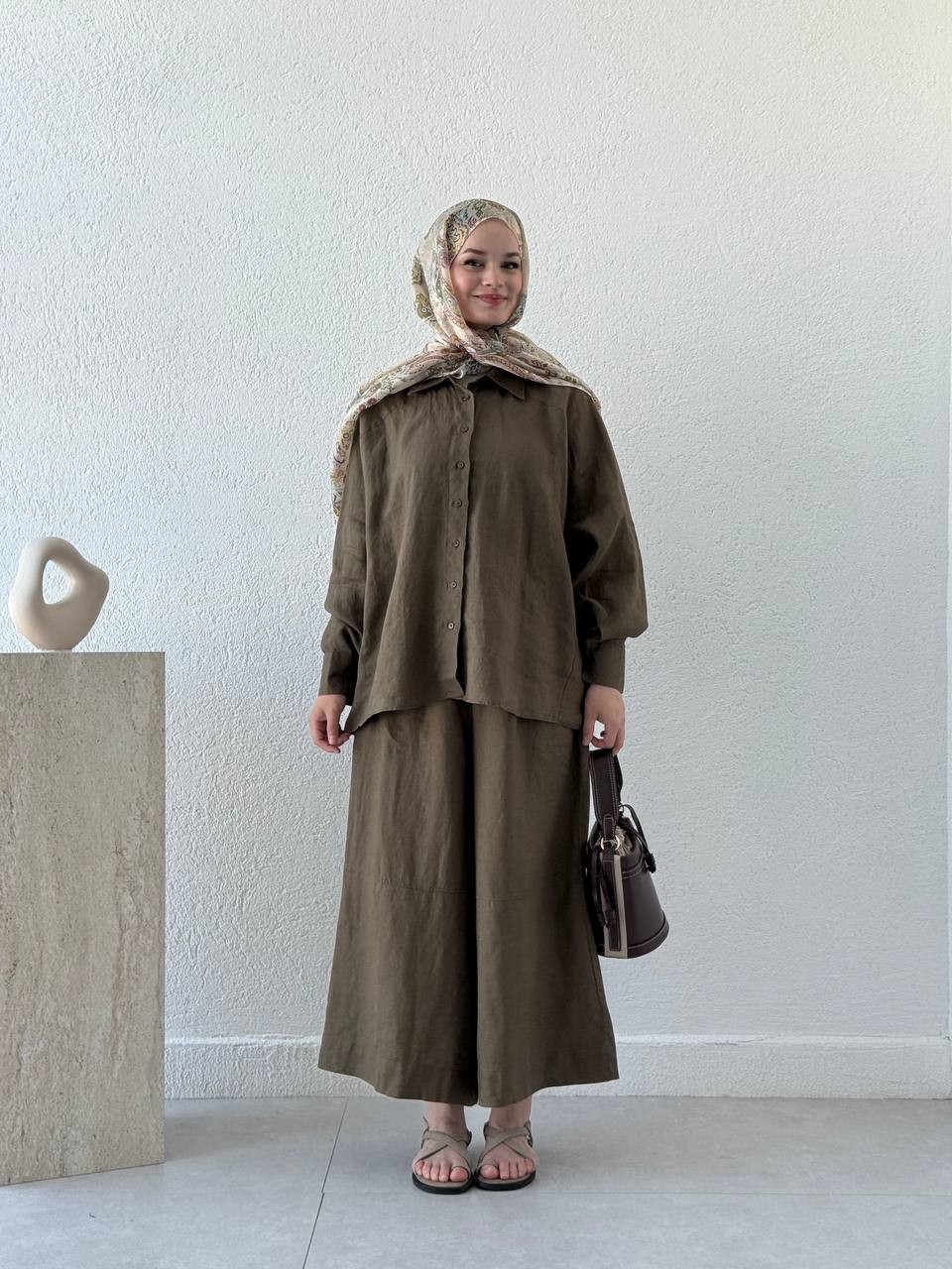 Keten Çift Manşetli Oversize Gömlek - Haki