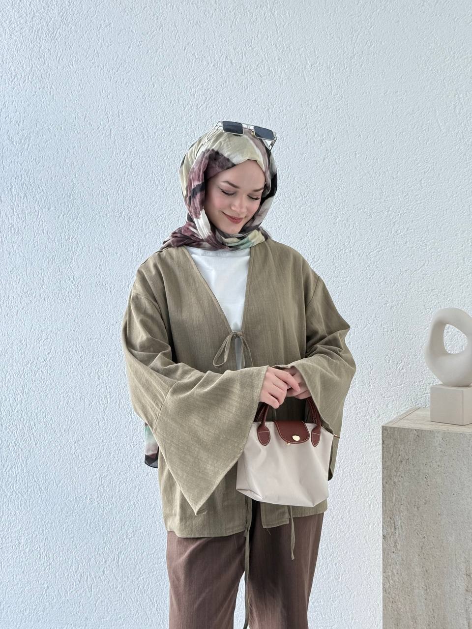 Ham Pamuk Keten Dokulu Kol Volanlı Kimono 5235