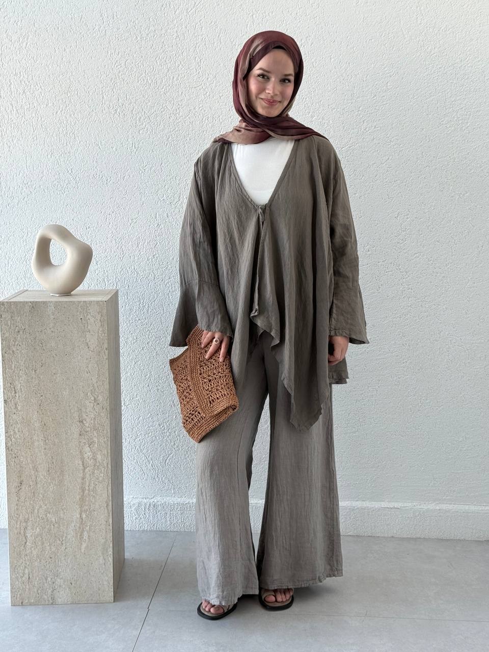 Keten Bol Paça Düğme Detaylı Pantolon flr - Gri