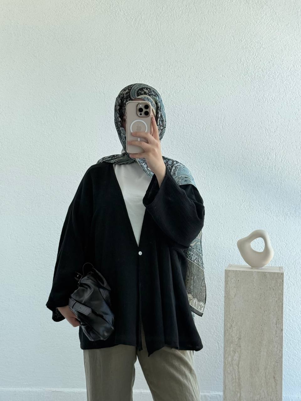 Keten Dokulu Tek Düğmeli Hırka - Kimono - Siyah
