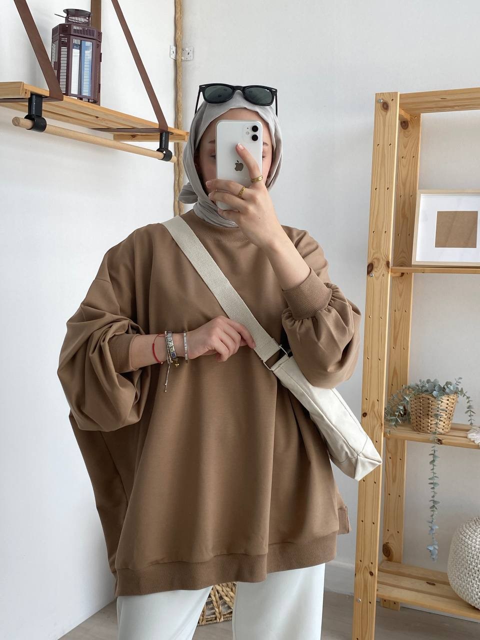 Balon Kol Oversize İki İplik Sweatshirt - Camel