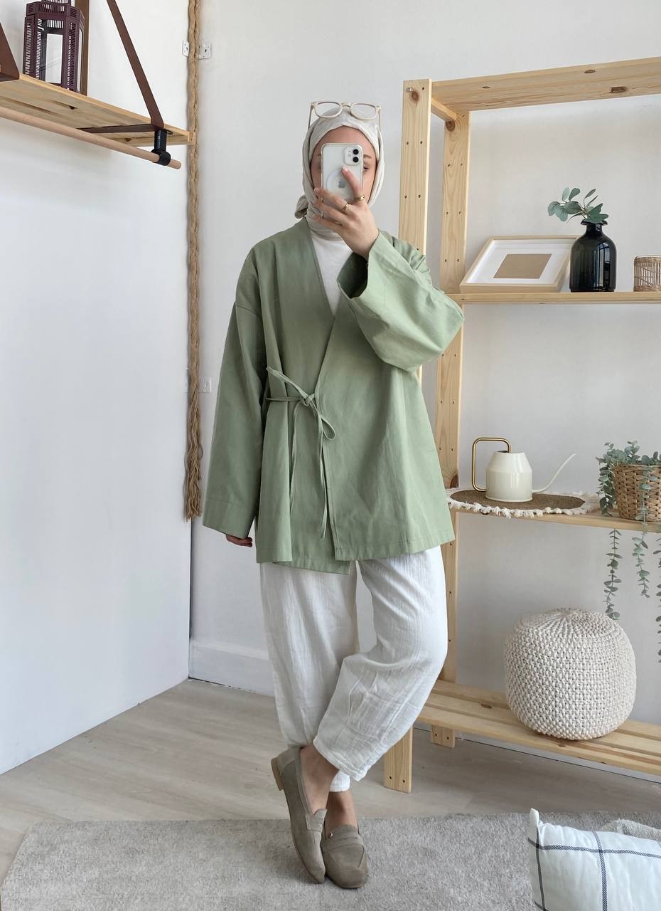 Gabardin Belden Bağlamalı Kimono - Mint