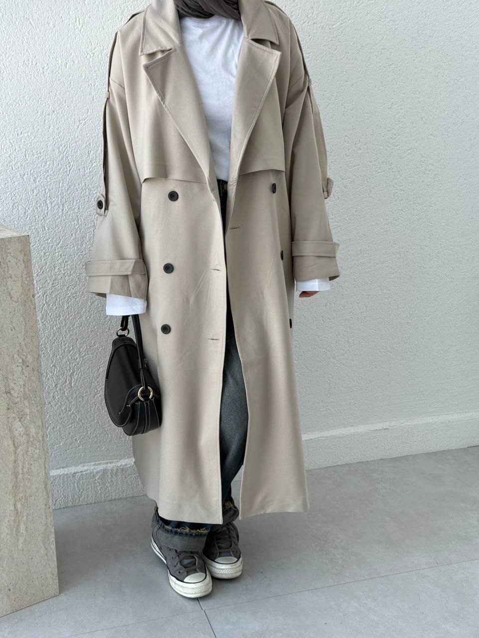 Premium Kalite Oversize Astarlı Kuşaklı Trençkot - Taş