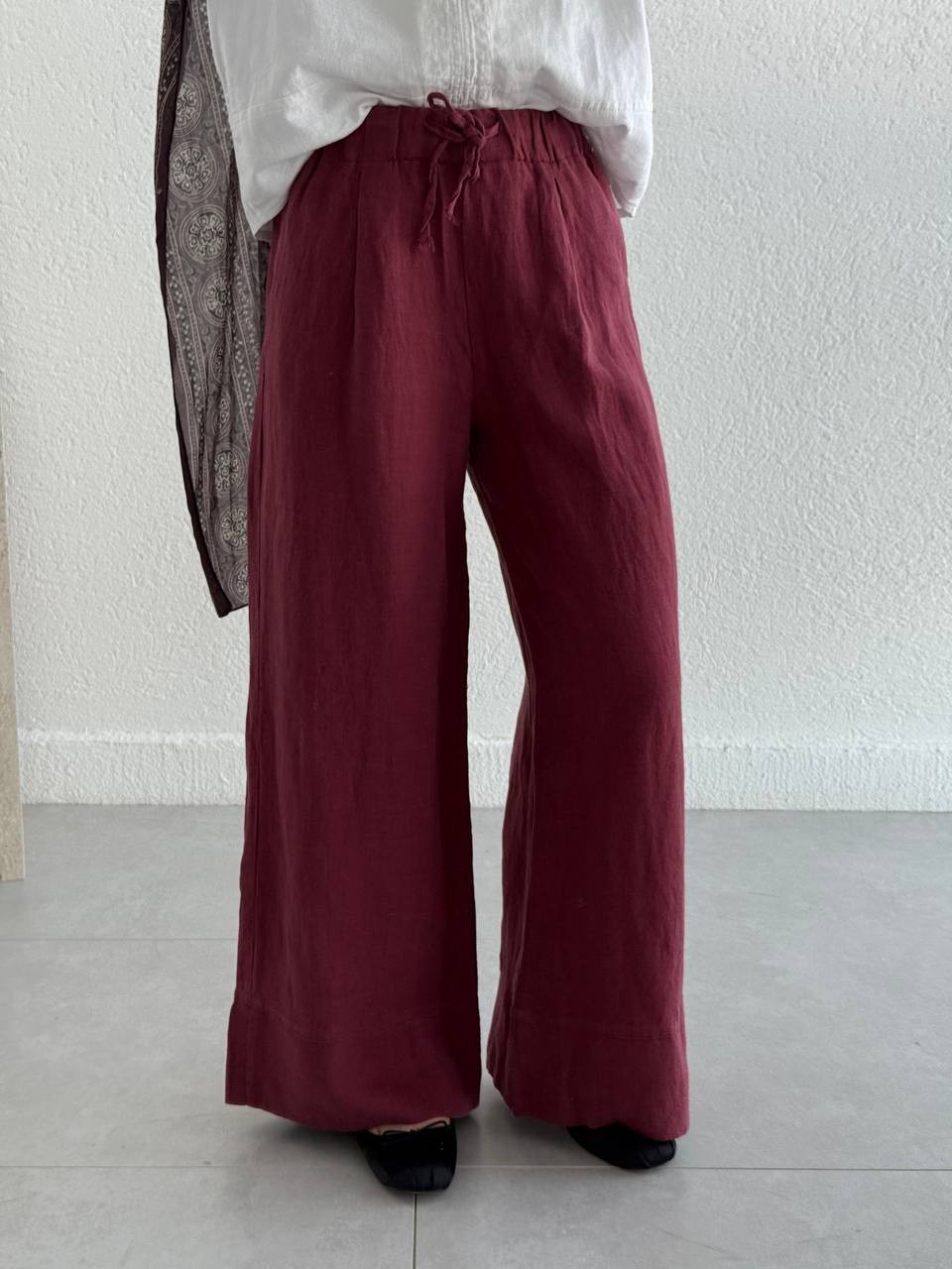 Bol Paça Keten Pantolon - bordo
