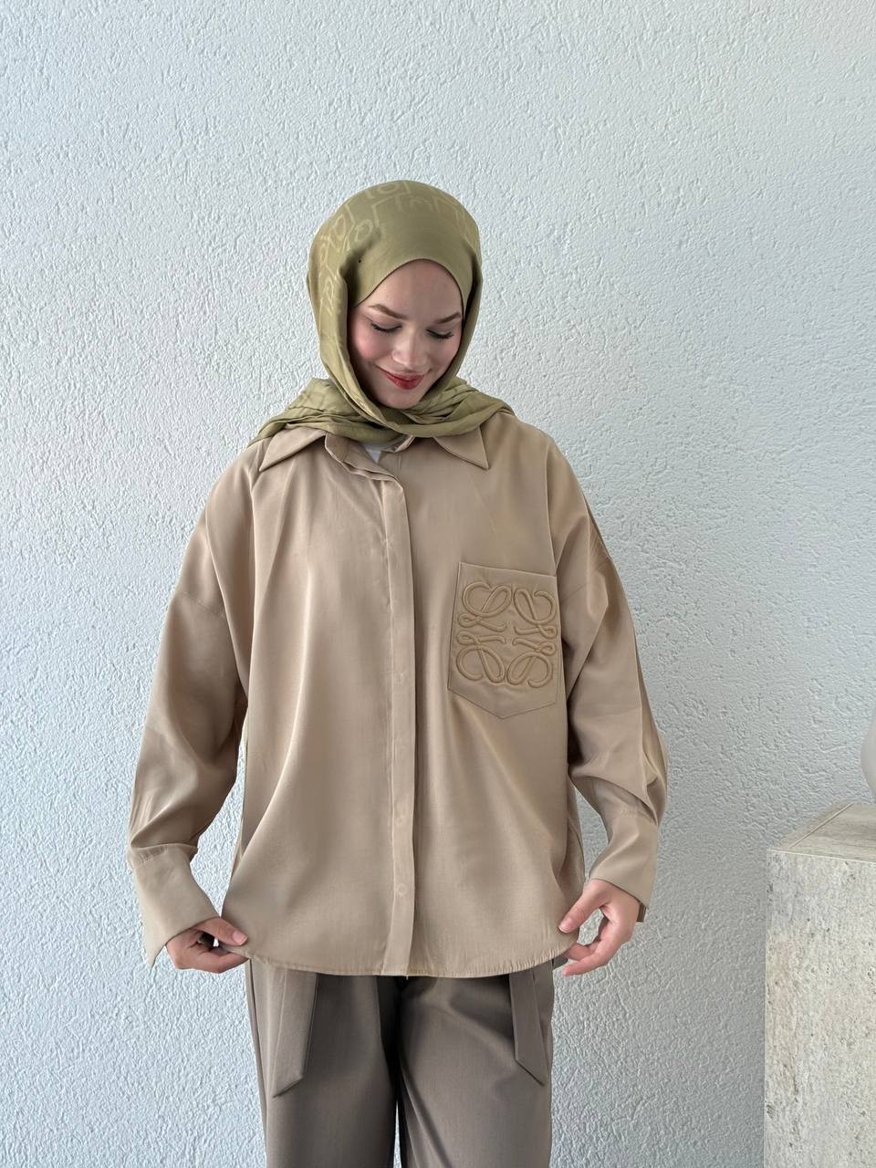 Nakışlı Tencel Gömlek 0009 BYKN - Camel