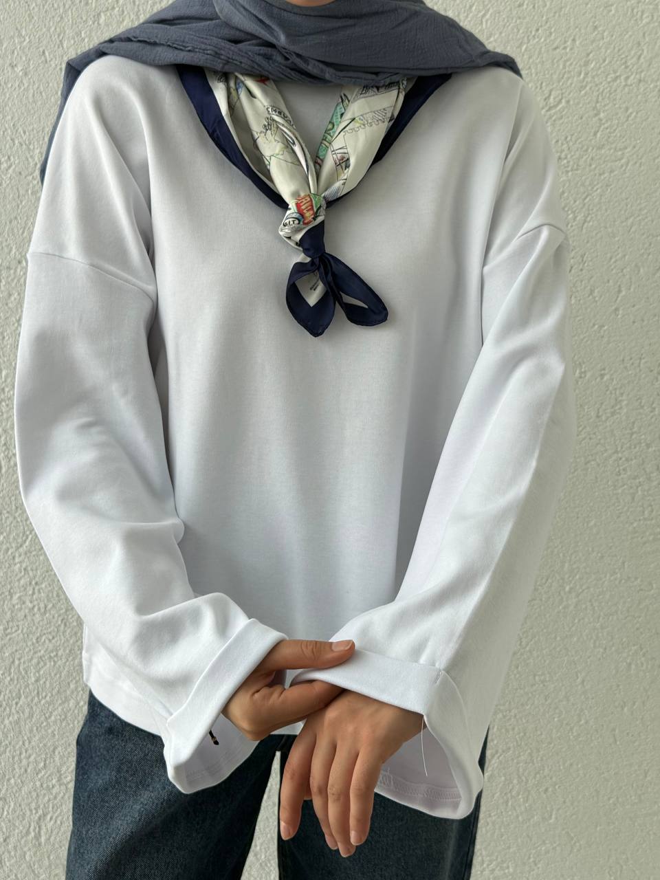 Dik Yaka Oversize Double Kol Sweat  - Beyaz