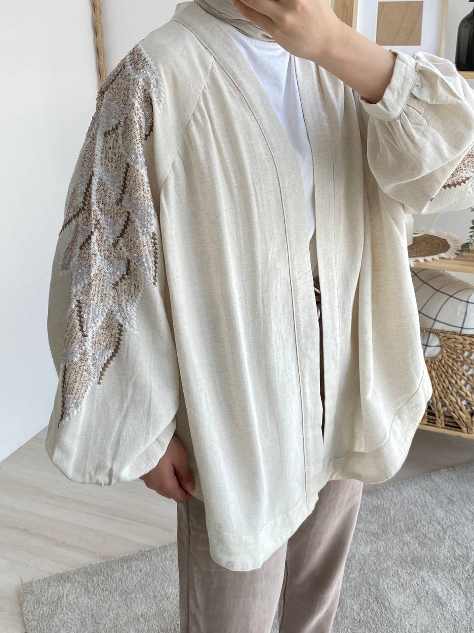 Kelebek Kanat Pullu Keten Kimono