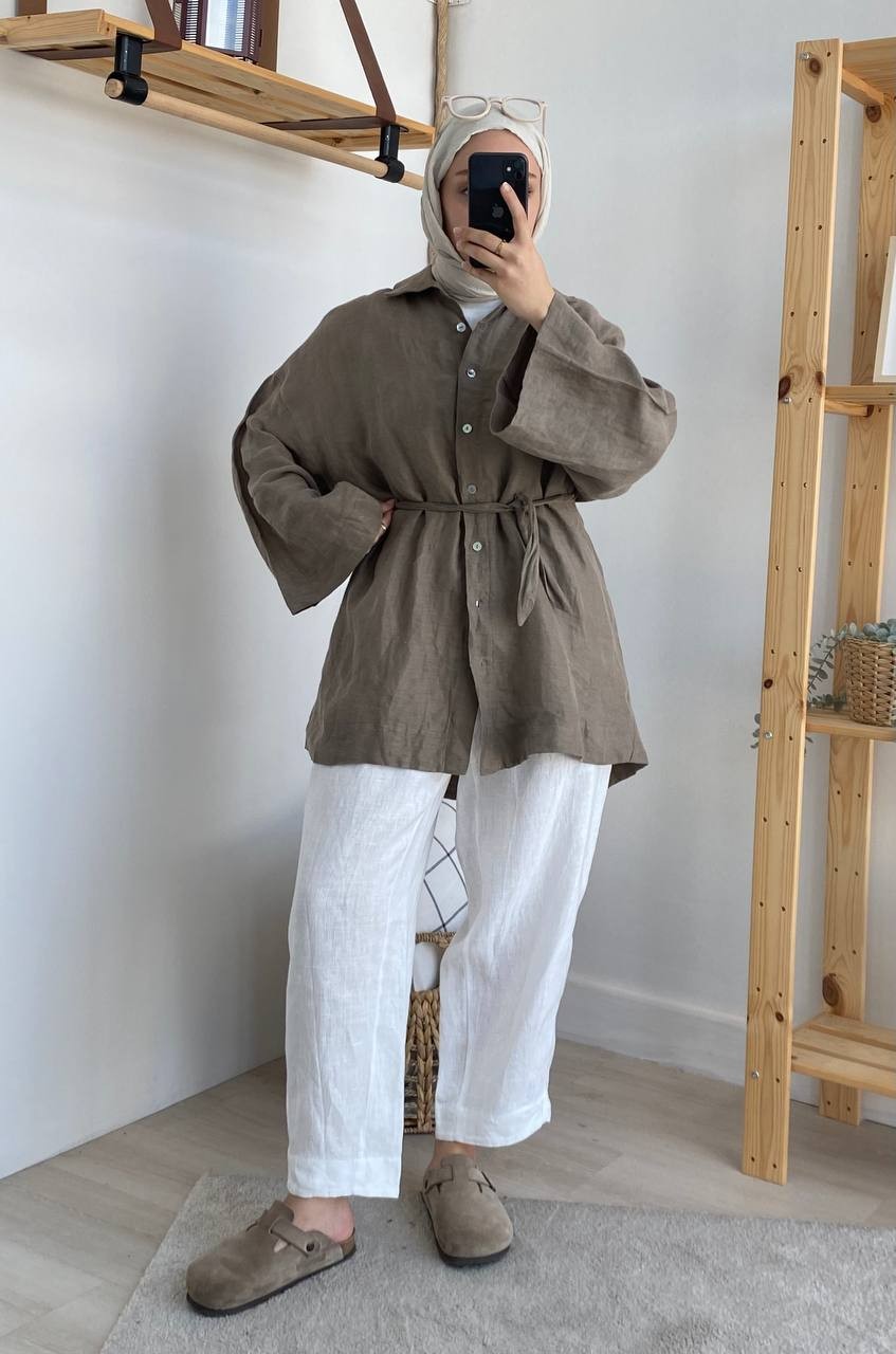Premium Oversize Keten Kuşaklı Gömlek