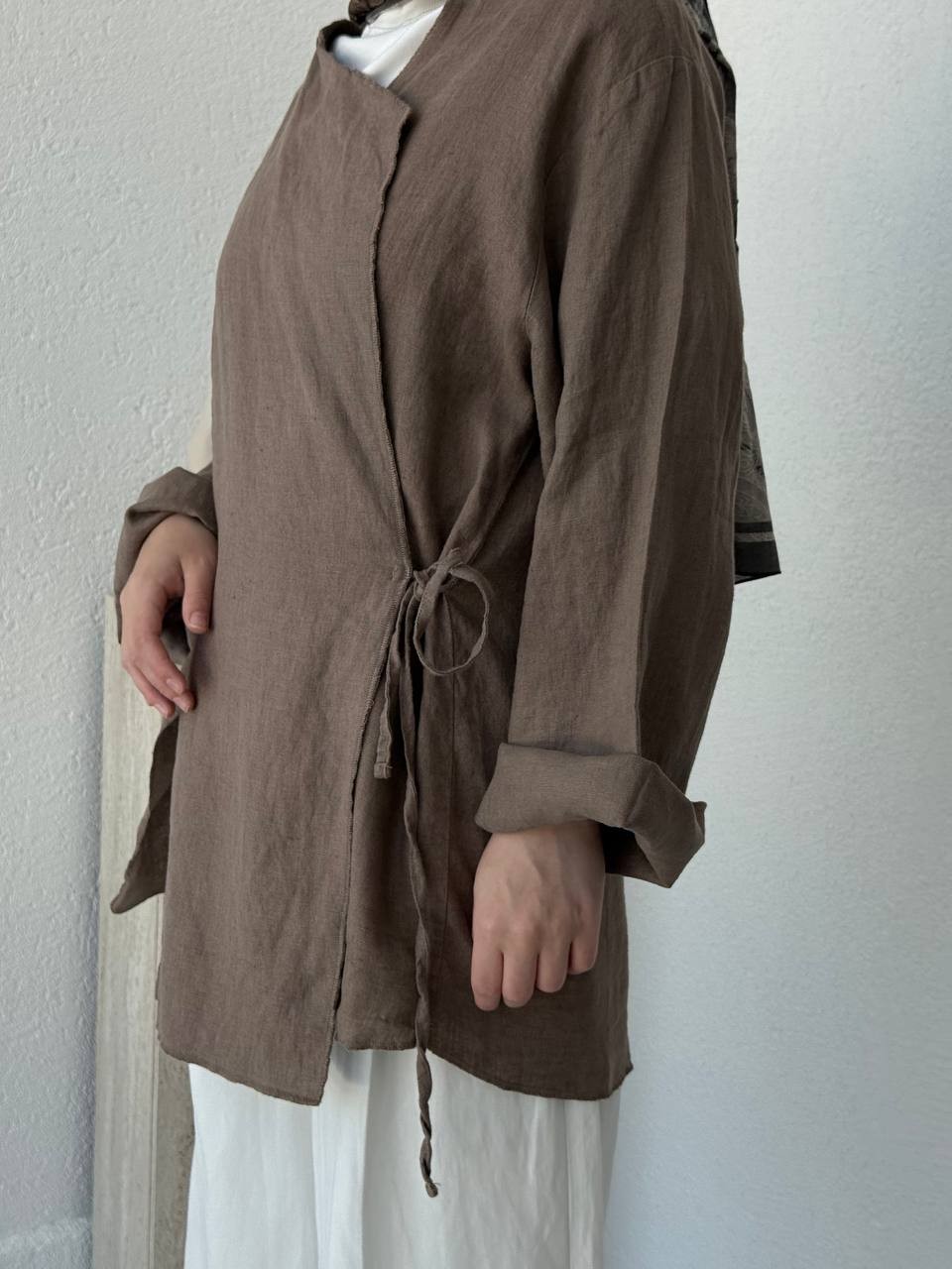 Keten Overlok Geçişli Yırtmaçlı Kimono 027 - Kahve