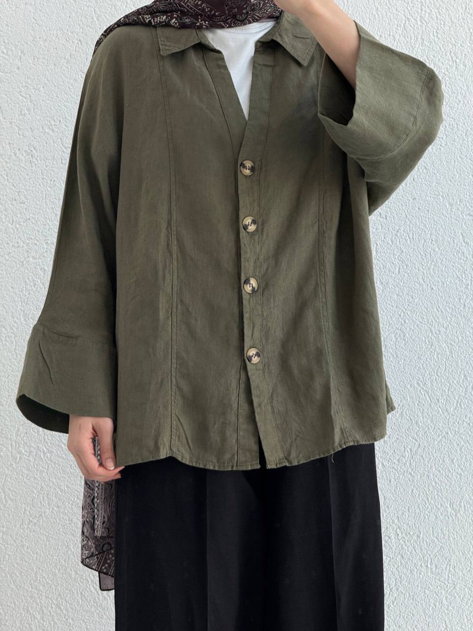 Keten Fakir Kol Geniş  Gömlek - Yeşil