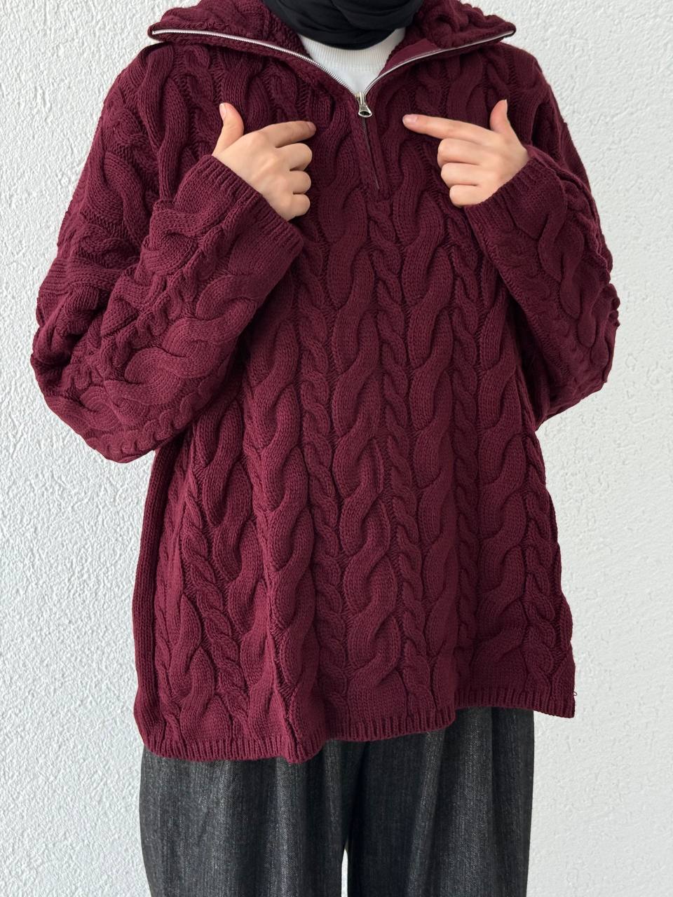 Fermuar Detaylı Triko Kazak 231078 - bordo