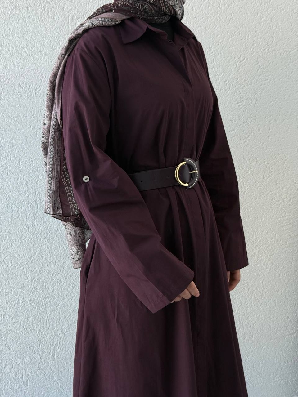 Kemerli Poplin Gömlek Elbise 3350 - bordo