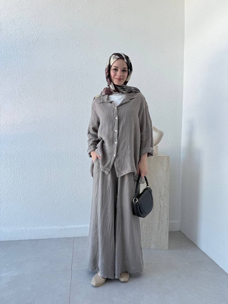 Keten Oversize Takım FLR - Vizon