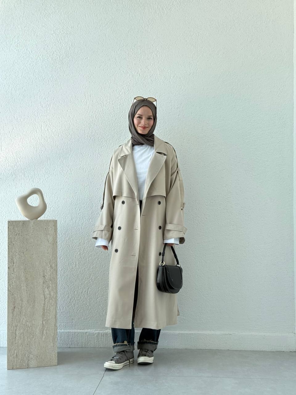 Premium Kalite Oversize Astarlı Kuşaklı Trençkot - Taş