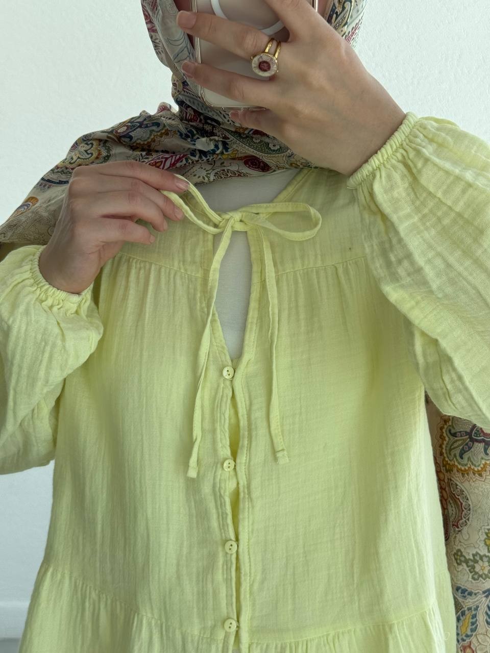 Muslin Ön Bağlamalı Düğmeli Gömlek 4563 - soft sarı