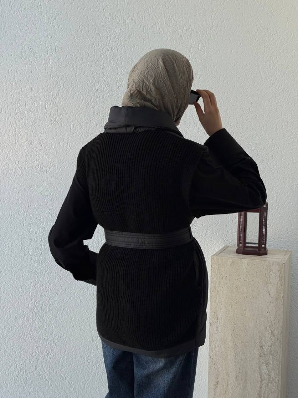 Triko Detay Kemerli Şişme Yelek T42 - Siyah