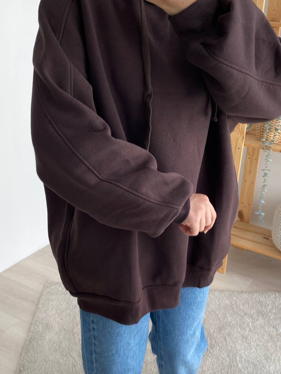 Oversize Kapşonlu Şardonlu Sweat - Kahve