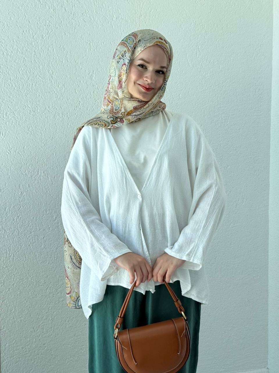 Keten Dokulu Tek Düğmeli Hırka - Kimono - Beyaz