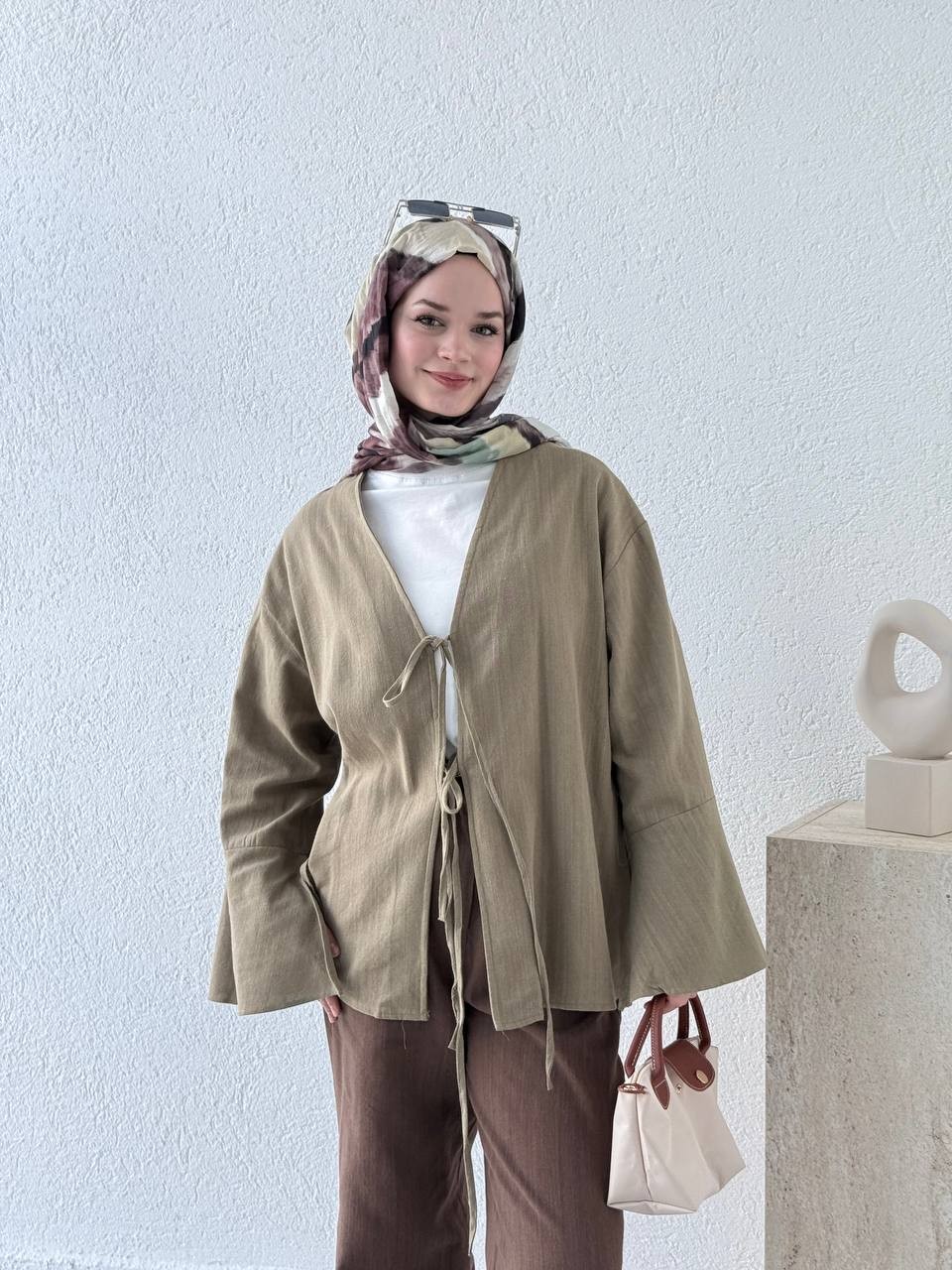 Ham Pamuk Keten Dokulu Kol Volanlı Kimono 5235