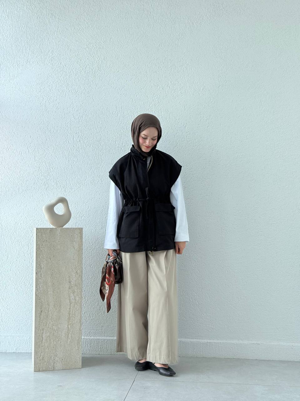 Bel Kuşak Detaylı İç Astarlı Yelek 0004 BY - Siyah