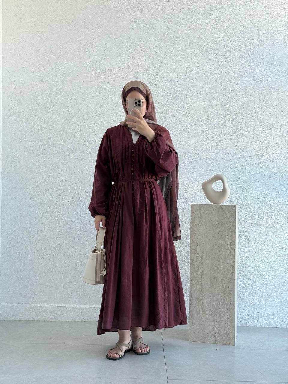 Vual Pileli Belden Bağcıklı Astarlı Elbise - bordo