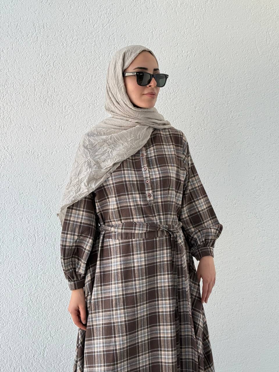 Zr Model Ekose Elbise 1235 - Desenli Kahverengi