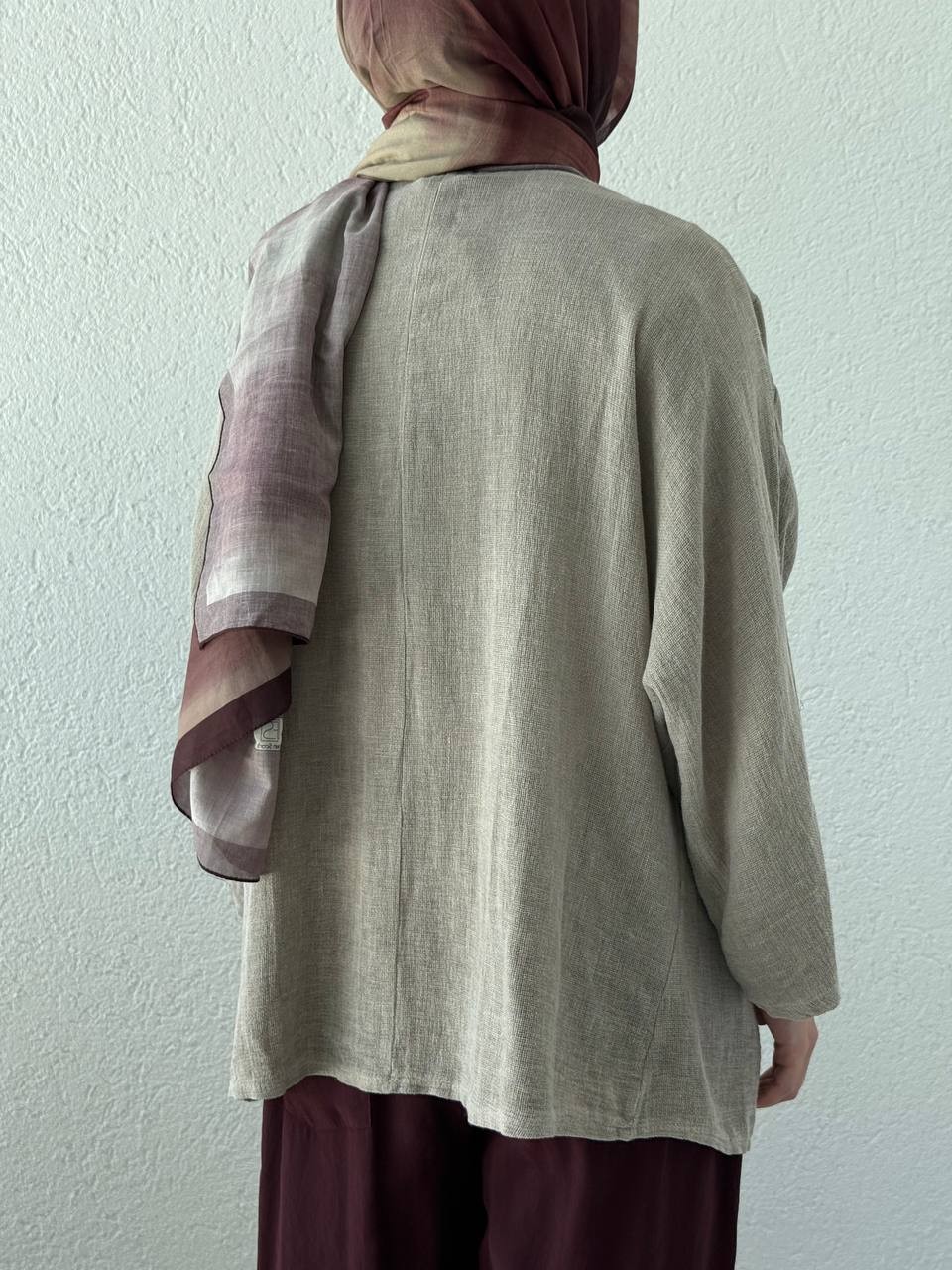 Keten Dokulu Tek Düğmeli Hırka - Kimono - Koyu vizon
