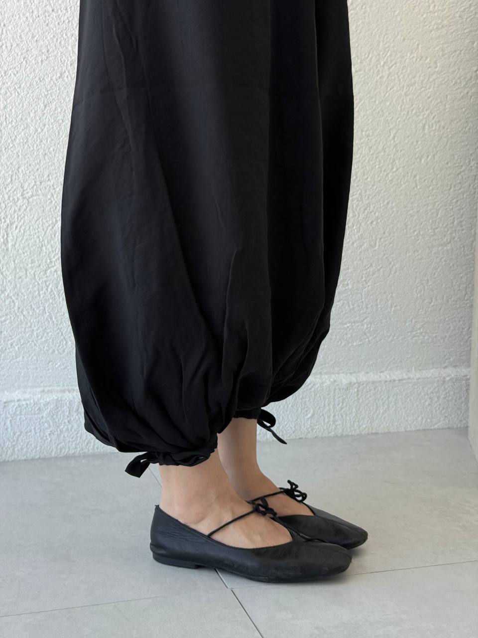 Beli Lastikli Paça Ayarlanabilir Tencel Şalvar Pantolon NM - Siyah