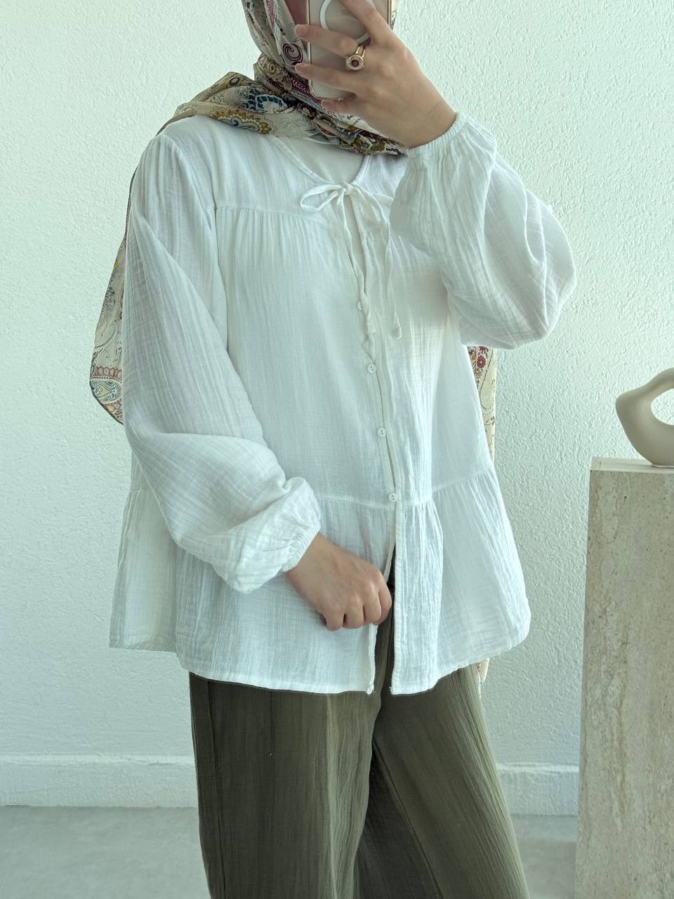 Muslin Ön Bağlamalı Düğmeli Gömlek 4563 - Beyaz