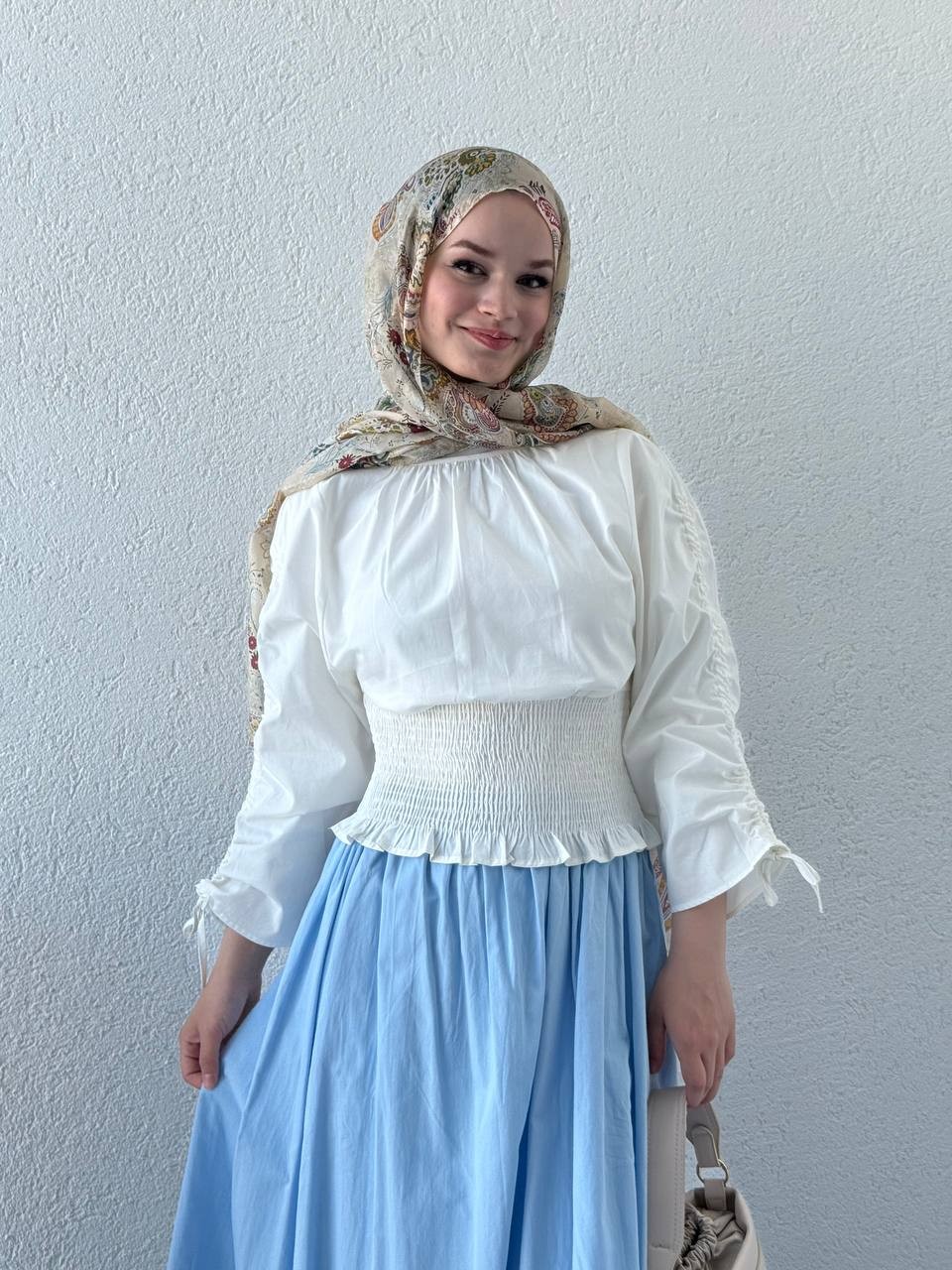 Poplin Pamuk Drapeli Kolları Büzgülü Gömlek