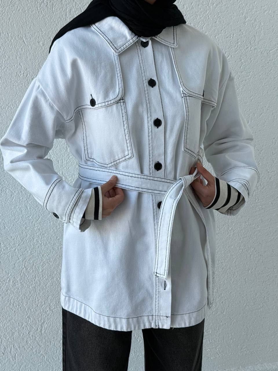 Denim Çift Dikişli Kuşaklı Ceket 7347