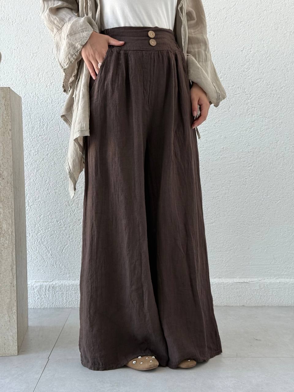 Keten Bol Paça Düğme Detaylı Pantolon flr - Kahve