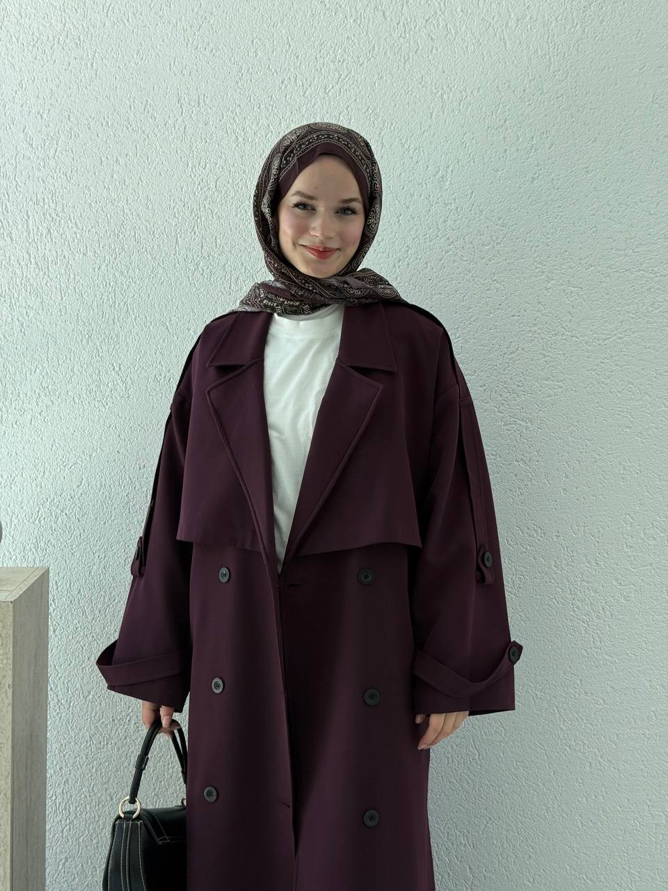 Premium Kalite Oversize Astarlı Kuşaklı Trençkot - Mürdüm