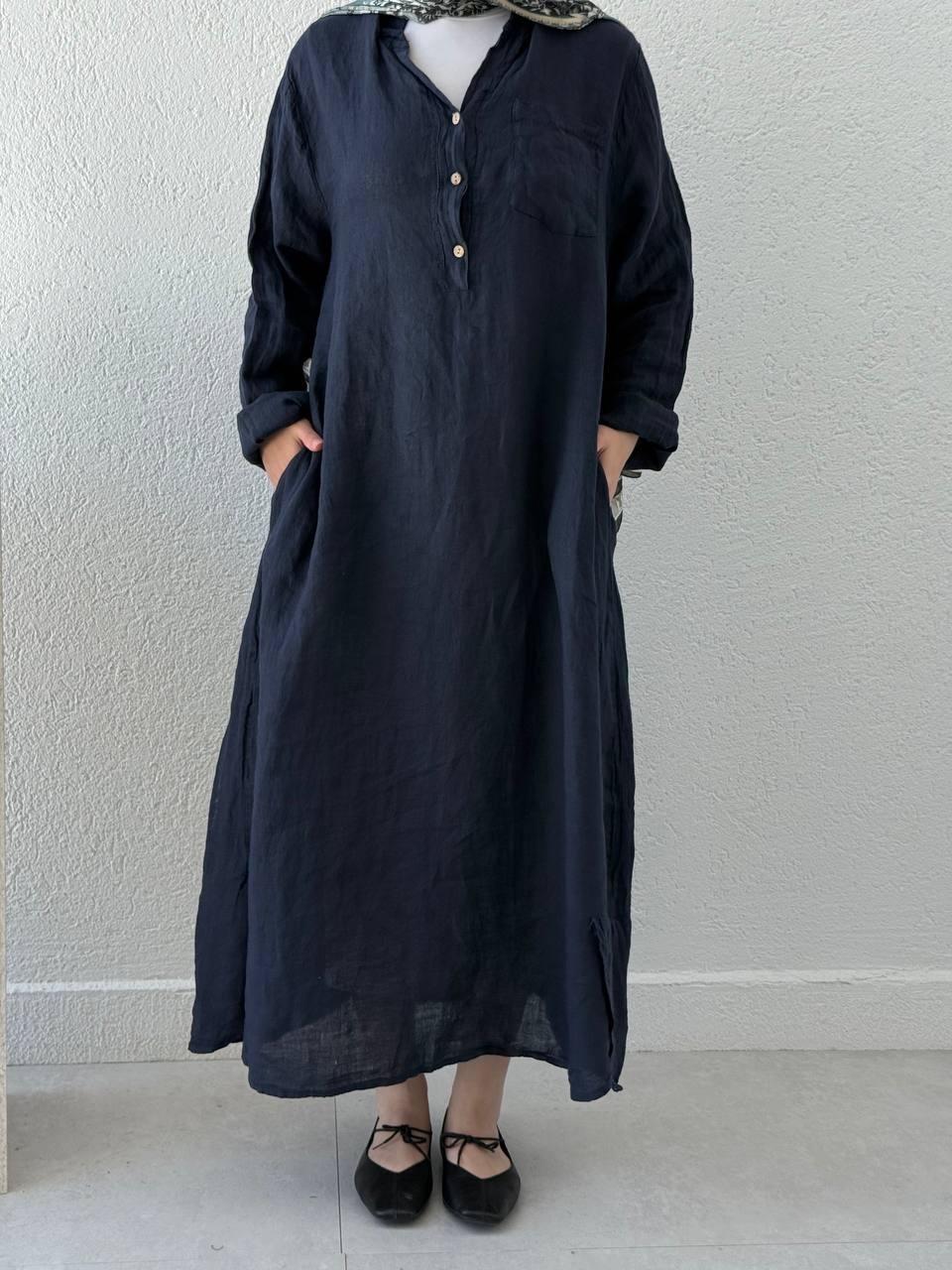 Keten Düğmeli Oversize Cepli Elbise FLR - Lacivert