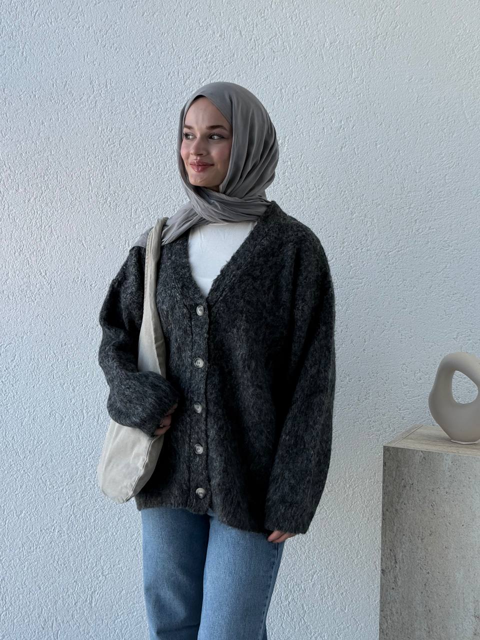 V Yaka Şardonlu Düğmeli Triko Hırka 60264 - Antrasit