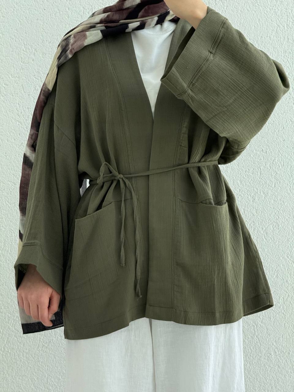 Müslin İki Cepli Kuşaklı Kimono - Haki