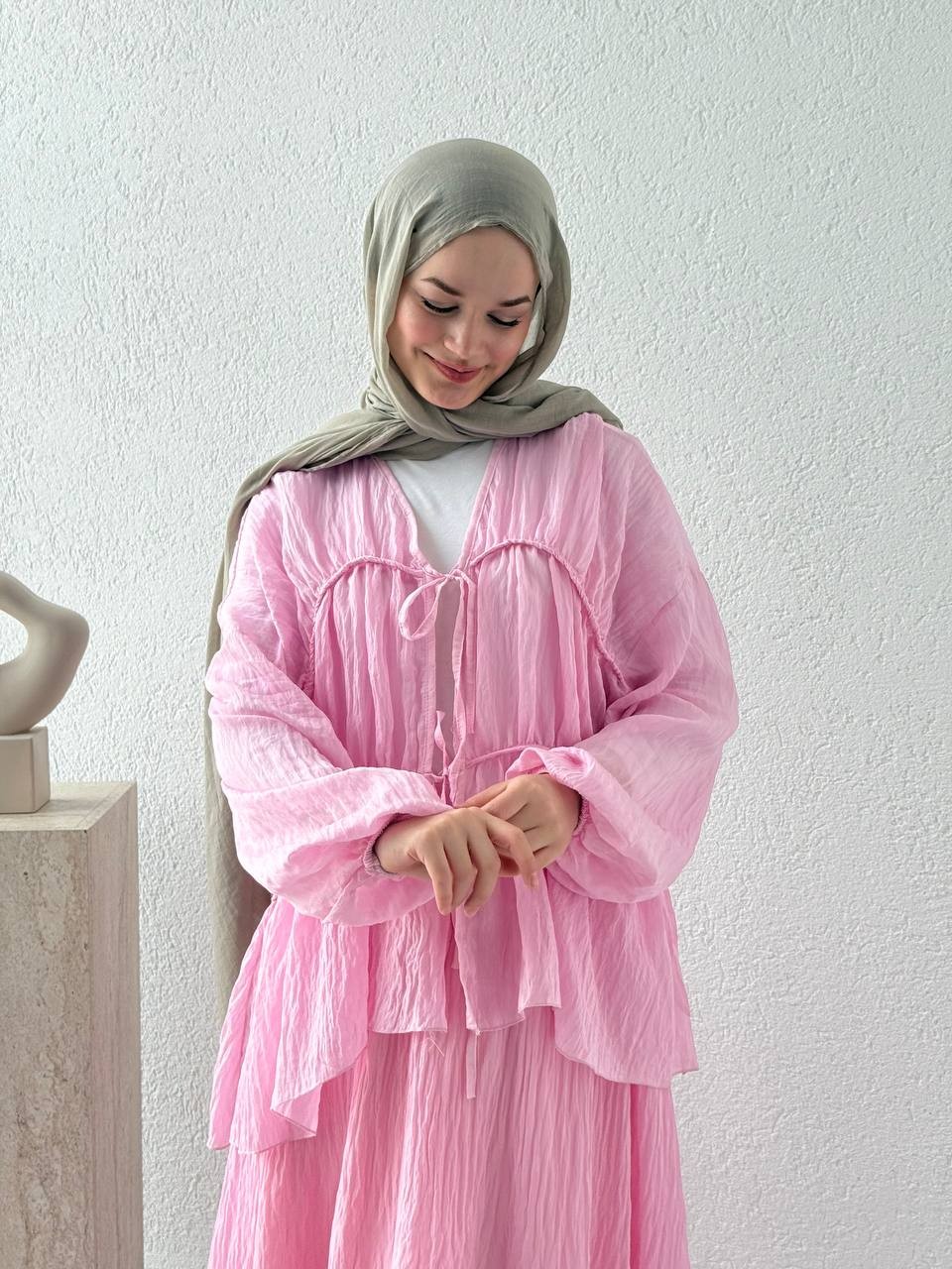 Şifon Görünümlü Poliamid Etekli Takım 9027  - Pembe
