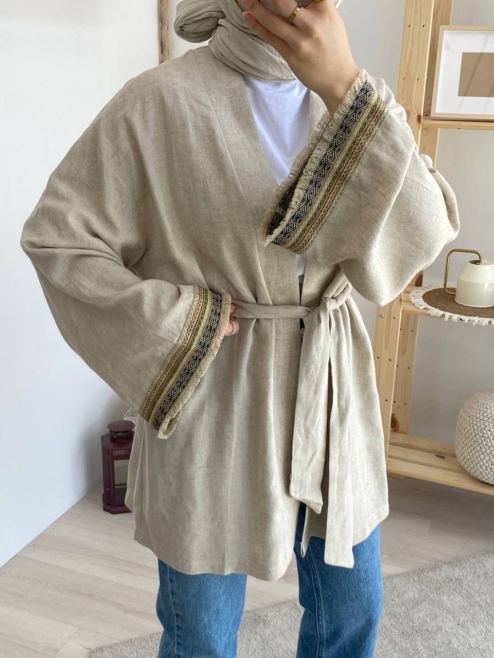 Keten Kol Nakışlı Kimono